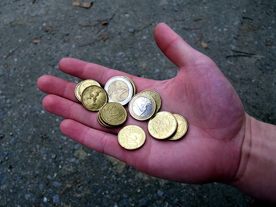 Euro coins in hand.