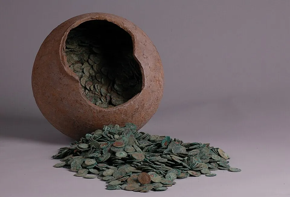 Roman copper alloy radiate coin hoard, c 7,000 coins contained in a greyware storage jar.
The coins range in date from AD 230s-290s, a time