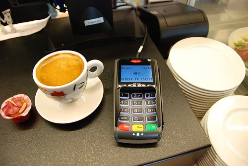Mobile payment terminal, in Fornebu, Norway. Operated by NFC technology. Telenor.